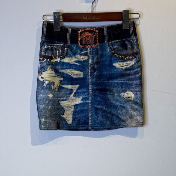 Blue Printed Mini Skirt with Rhinestones - Picture 3 of 5